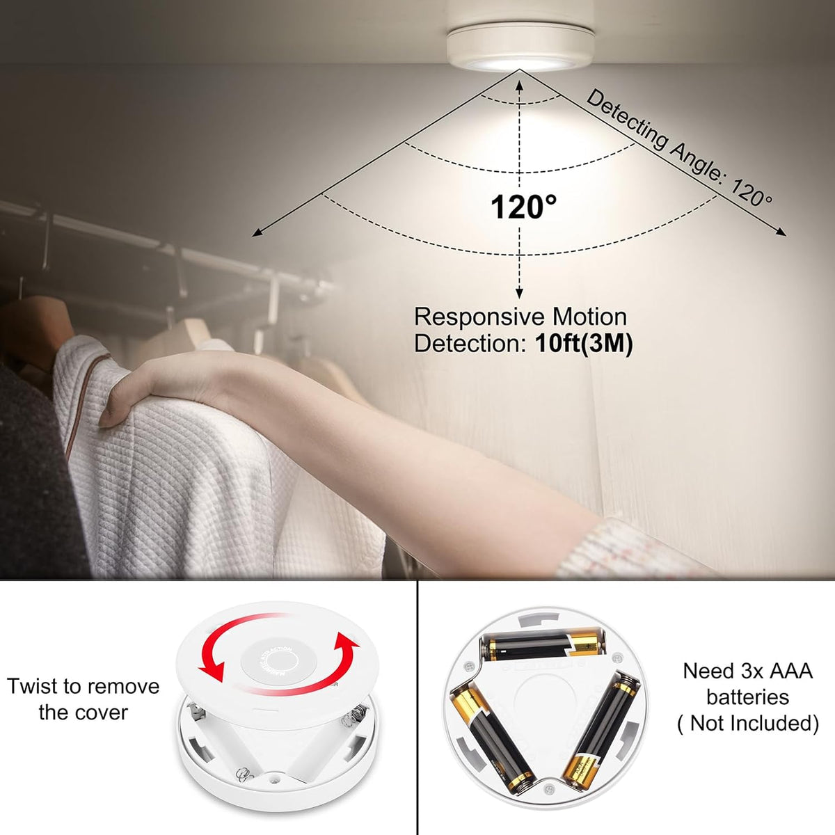Mlambert 4 Pack Motion Sensor LED Night Light, Cordless Battery-Powered Stick-on Magnet Closet Lights, Safe Lighting for Stairs, Cabinet, Neutral White