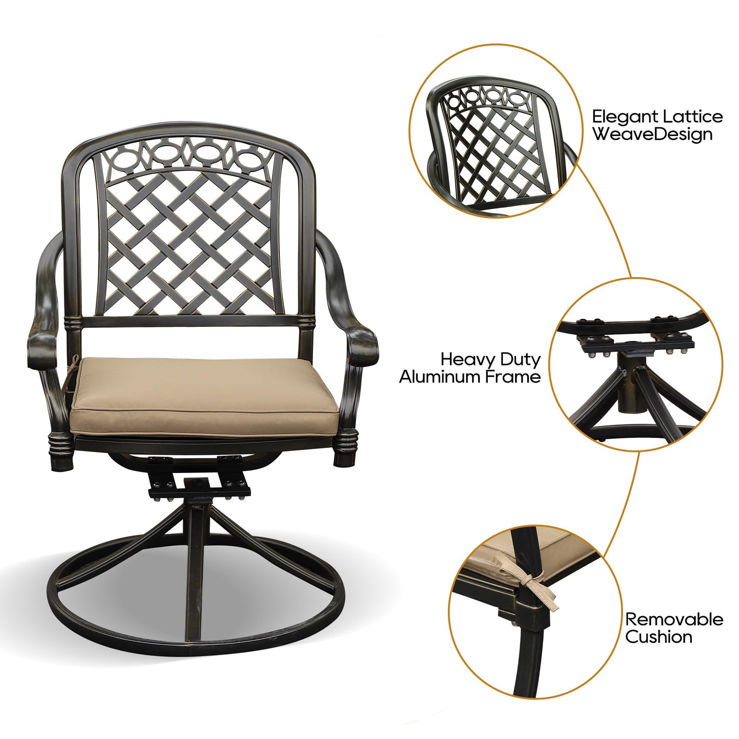 Sumshadow 2 Piece Cast Aluminum Outdoor Swivel Dining Chairs, All-Weather Patio Swivel Rocker Chair Sets with Cushion for Garden, Backyard, Poolside, Bistro (Khaki, 2 Pieces)