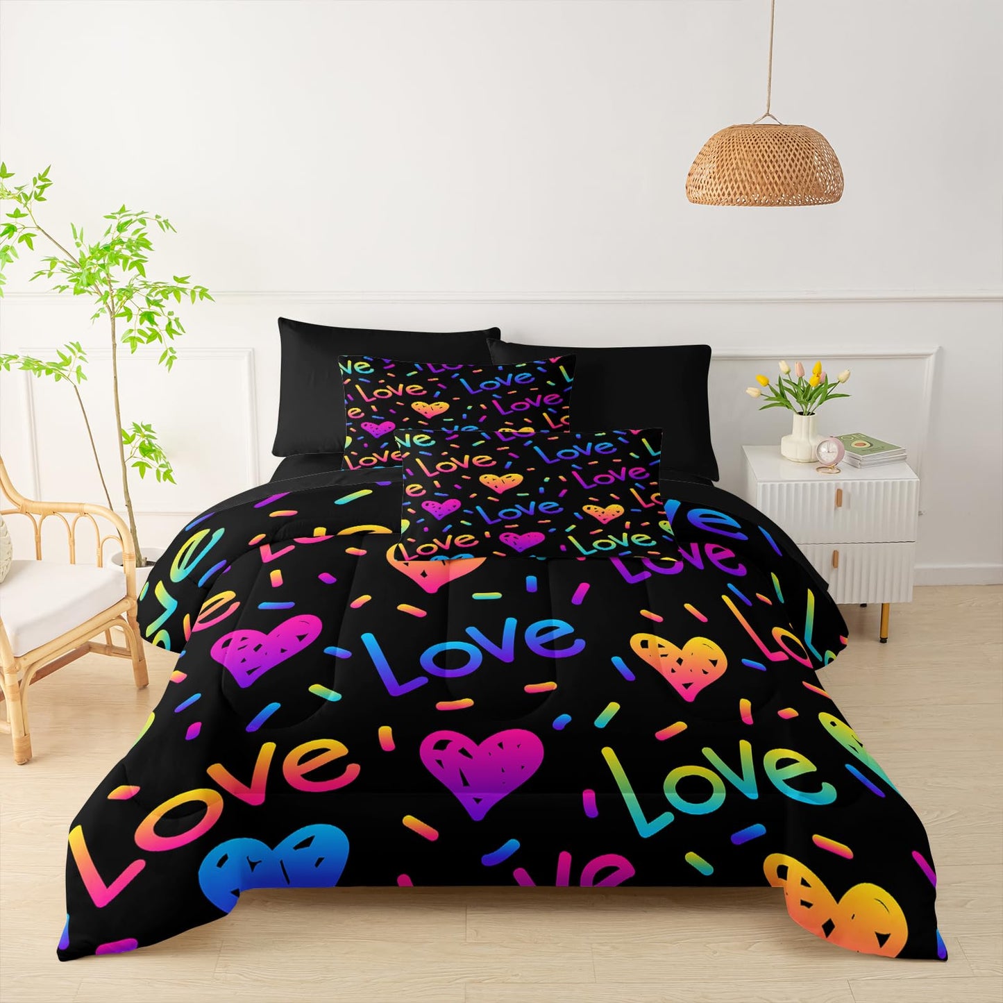 QOOMO Kid Twin Comforter Set 7 Piece Colorful Love line Bedding Set for Boys Girls Super Soft Microfiber Bed in a Bag with Comforter Sheets Pillowcase Sham（Black）