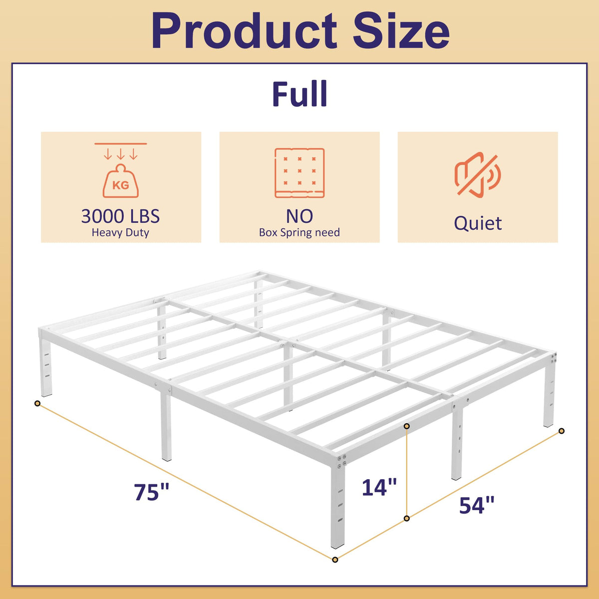 YUSENHEEI 14 Inch Full Size Bed Frame No Box Spring Needed, Heavy Duty Metal Bed Frame Full with Large Underbed Storage Space, Noise Free, Easy Assembly, White