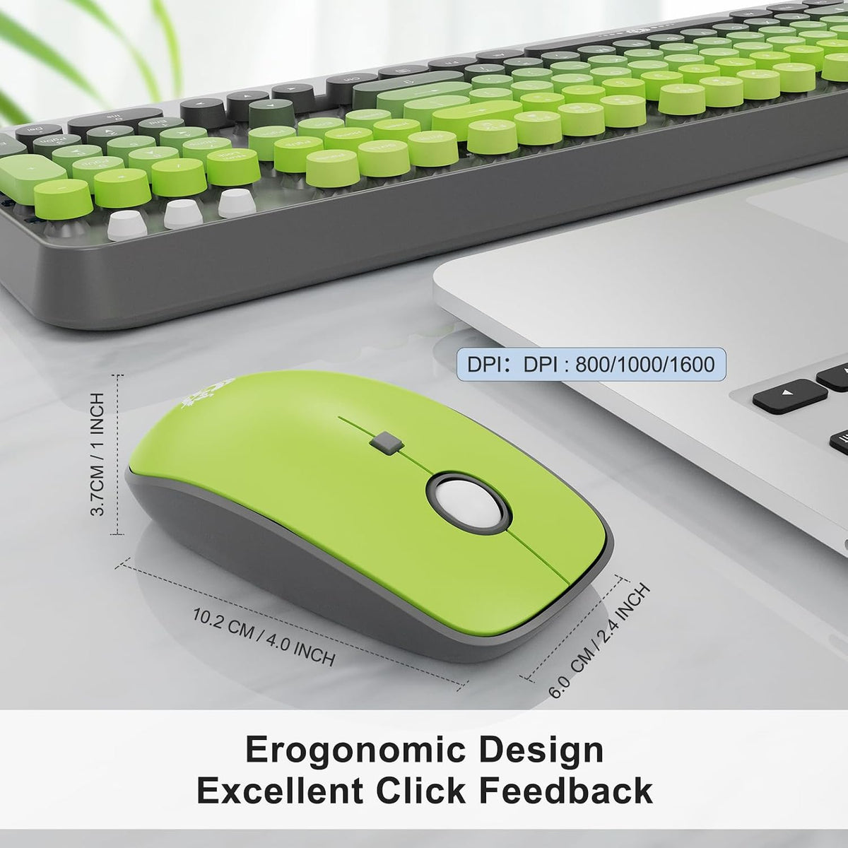 Wireless Keyboard and Mouse Combo | Cute Colorful Keyboard and Mouse with 2.4GHz Cordless Retro Typewriter Keyboard | Auto-Sleep | USB Receiver for Windows PC/Laptop - Grey Green Gradient