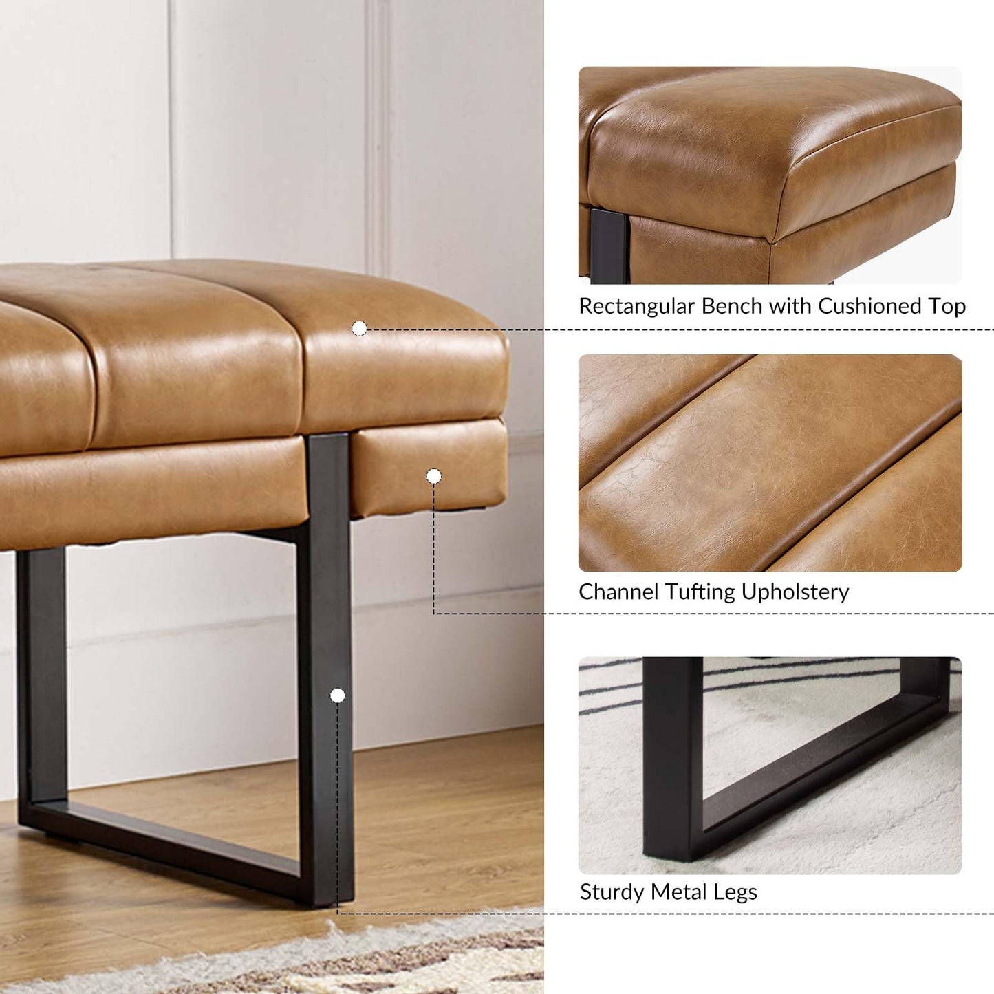 HULALA HOME 53" Faux Leather Entryway Bench, Button Tufted End of Bed Bench Ottoman for Bedroom, Living Room with Metal Base,Camel