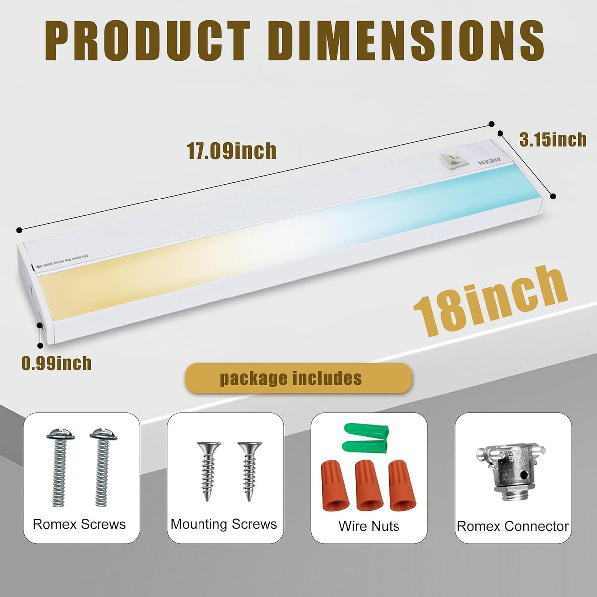 Ansen Hardwired Under Cabinet Lighting, 18inch 15W LED Light for Kitchen/Closet, 998.4lm, CRI>92, R9>90, Dimmable, 5 Color Temperature, 2700K-5000K(Warm White, Cool White, Daylight)