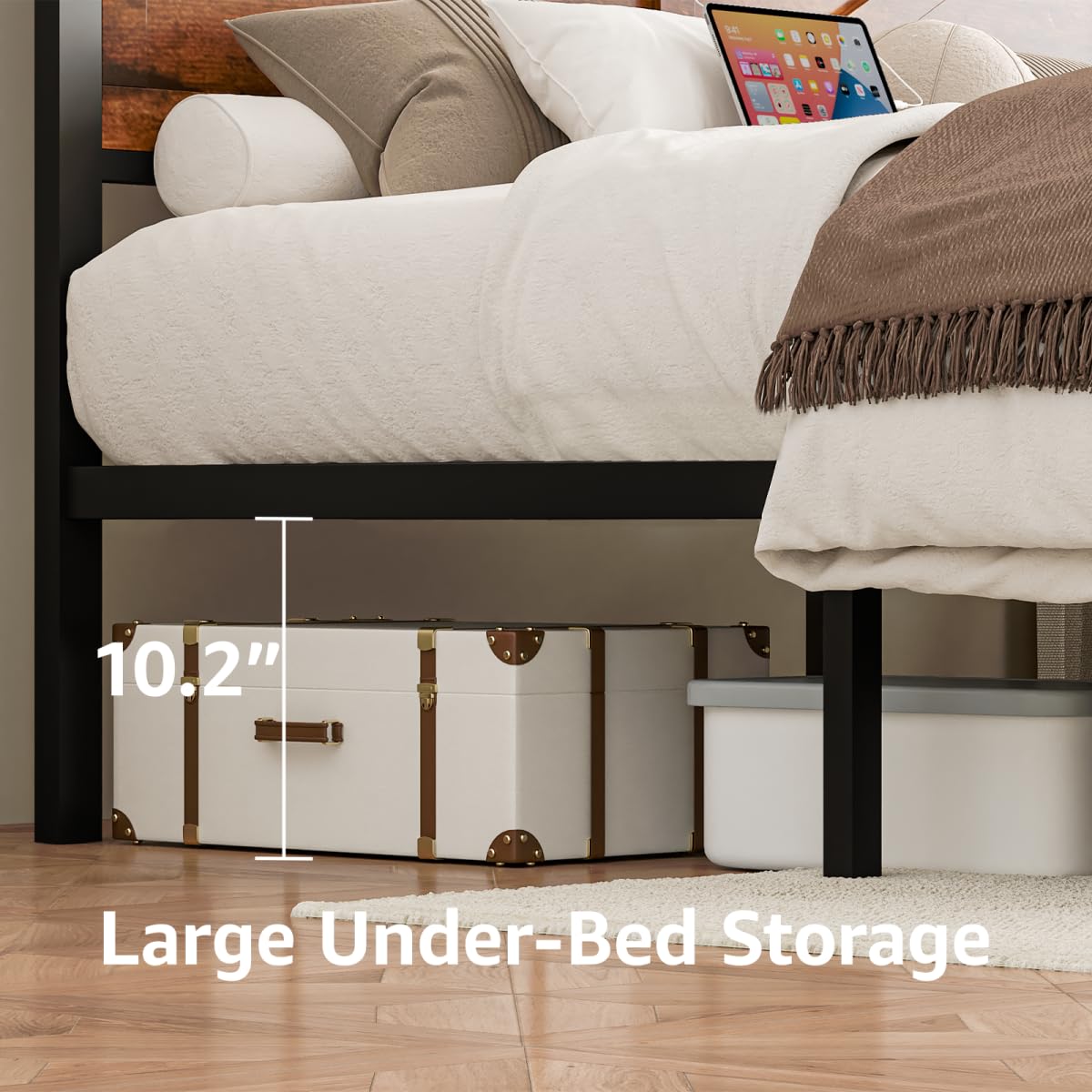 Siihnon Rustic King Size Bed Frame with Storage Drawers and Barn Door Headboard, Farmhouse LED King Bed Frame with Charging Station, Metal Industrial Platform Bed Frames, No Box Spring Needed, Brown