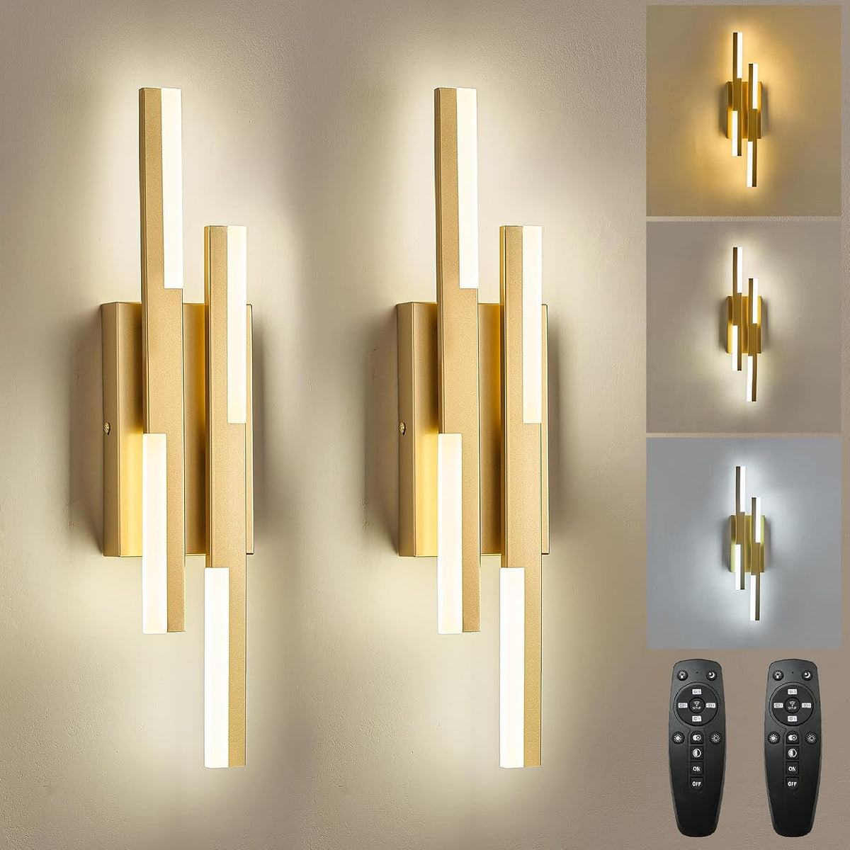 Benkut Modern LED Vanity Lights Set of 2, Gold Wall Sconce with Remote Control Dimmable Indoor Wall Light Bedside Remote Sconce for Bedroom Bathroom Living Dining Room (2 Pack H19.7’’)