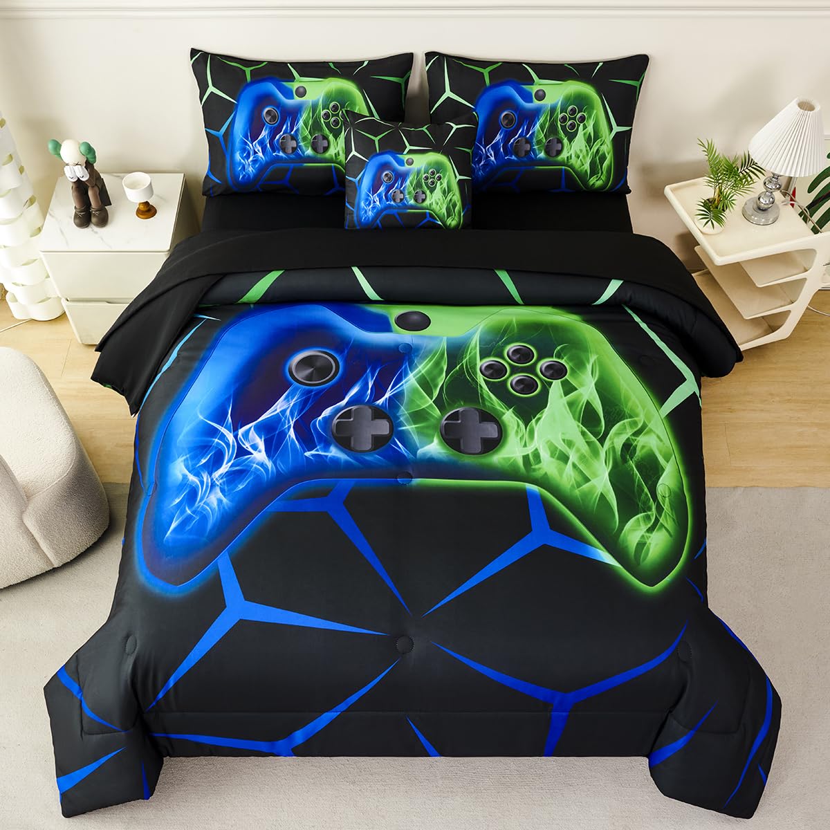 ZSYAYAHA Queen Gaming Bedding Set for Boys 6 Pieces Blue and Green Kids Bed in A Bag with Sheets Lightwight 3D Gamepad Bedding Comforter Set for All Seasons(Blue Green, Queen)