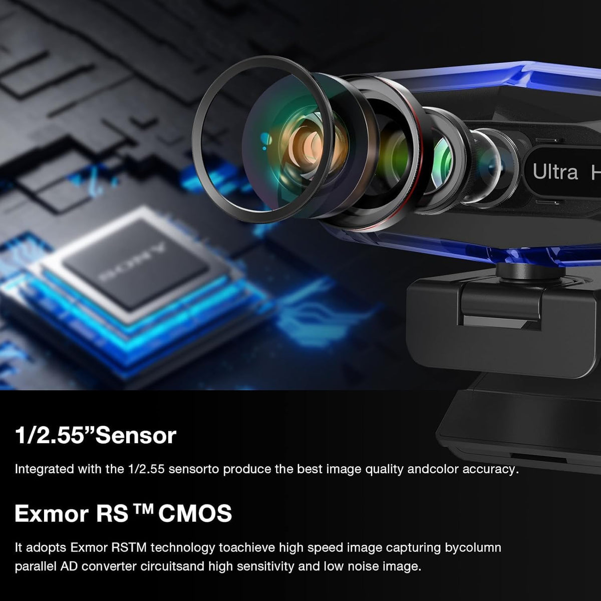 4K Ultra HD Remote Control with Stand Webcam, LED RGB Lighting, 95-Degree Wide Angle, Auto Focus, 1080P@60FPS, Black, USB 2.0, for Video Conferencing, Desktop/Laptop