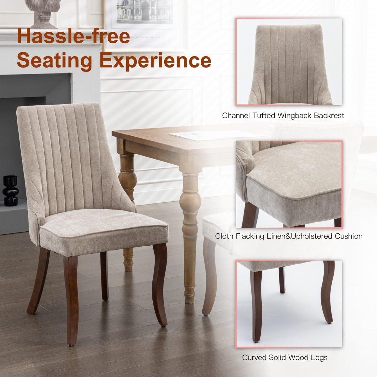 BEIDOR Dining Chairs Set of 6,Comfy Fabric Upholstered Accent Chairs for Kitchen Living Room,Channel Tufted Dining Room Chairs with Curved Solid Wood Legs(Beige)