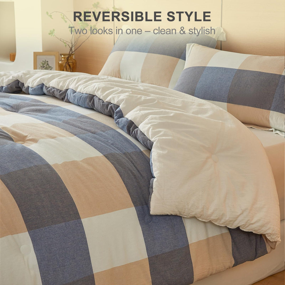 hadamick 100% Cotton Comforter Set Twin Size – Reversible Yarn-Dyed Checkered Design, Soft Washed Cotton on Both Sides, Lightweight All-Season Bedding, Machine Washable(Blue White Plaid, 68”x90”)