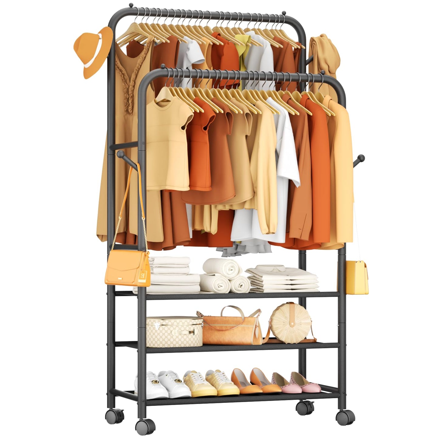 Furologee Clothes Racks for Hanging Clothes, Portable Rolling Garment Rack, Sturdy Metal Freestanding Cloths Racks with Wheels, Double Rods Wardrobe Rack for Bedroom Laundry Living Room
