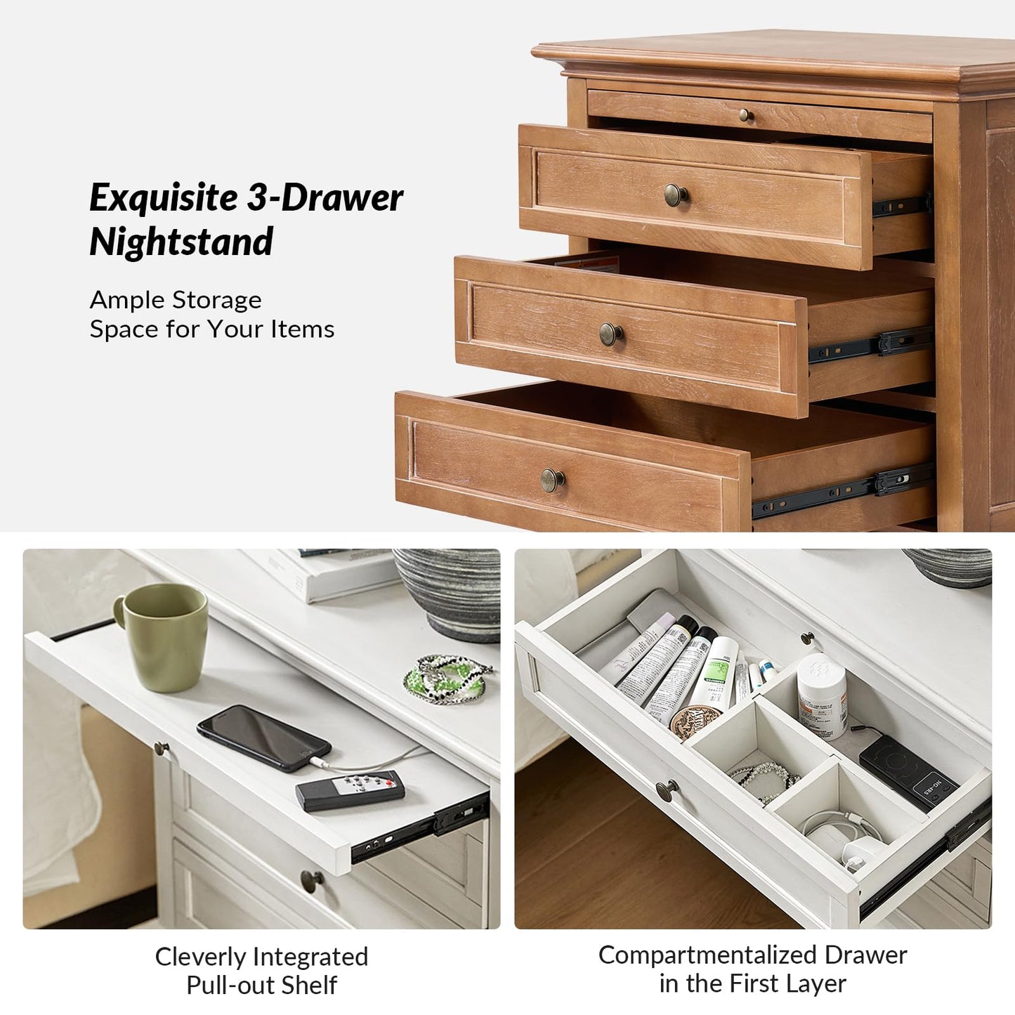 HULALA HOME Farmhouse 3 Drawer Nightstand with Tray, Drawer Organizer with Solid Wood Legs, Nightstand with Charging Station,Acorn
