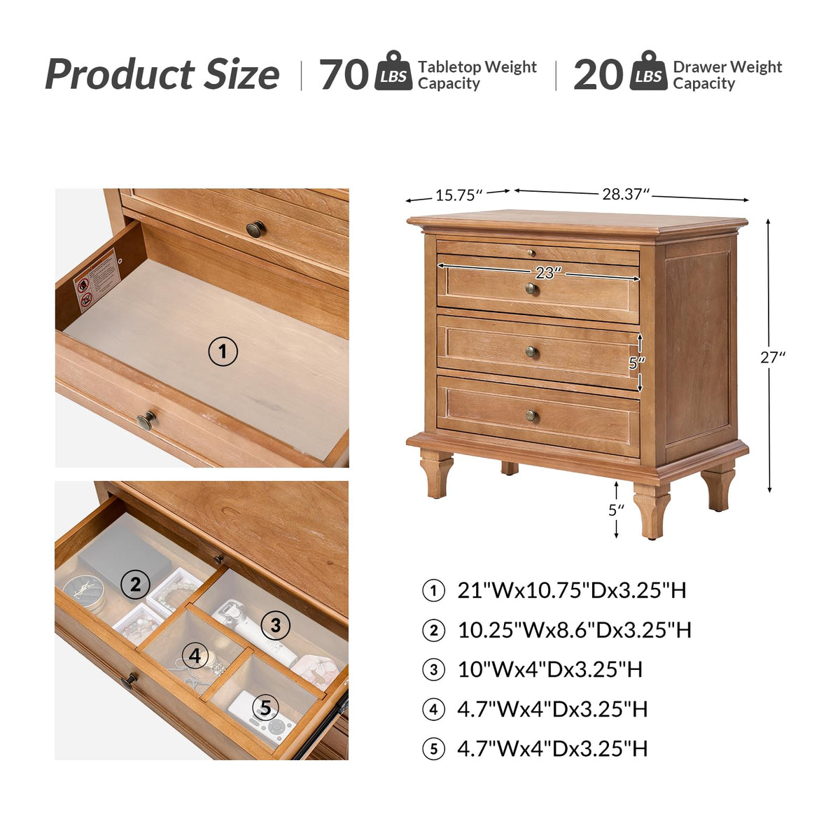 HULALA HOME Farmhouse 3 Drawer Nightstand with Tray, Drawer Organizer with Solid Wood Legs, Nightstand with Charging Station,Acorn
