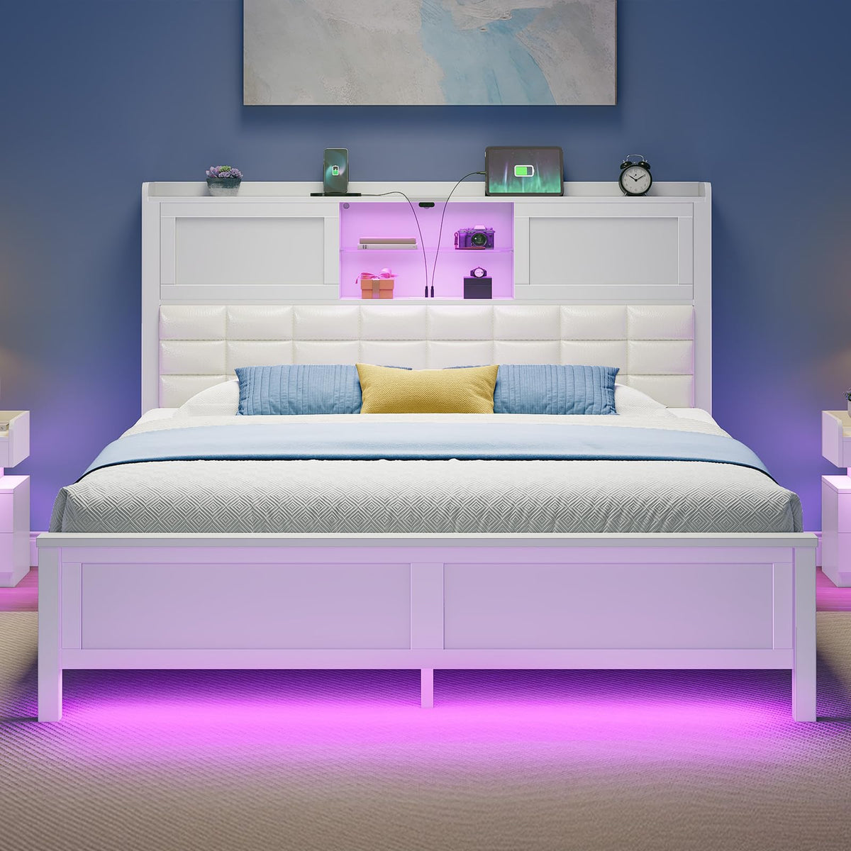 Rolanstar Queen Bed Frame with Charging Station, Bookcase Headboard Bed with LED Light and Sliding Doors, Platform Bed with Wooden Slats, No Box Spring Needed, Noise Free, White