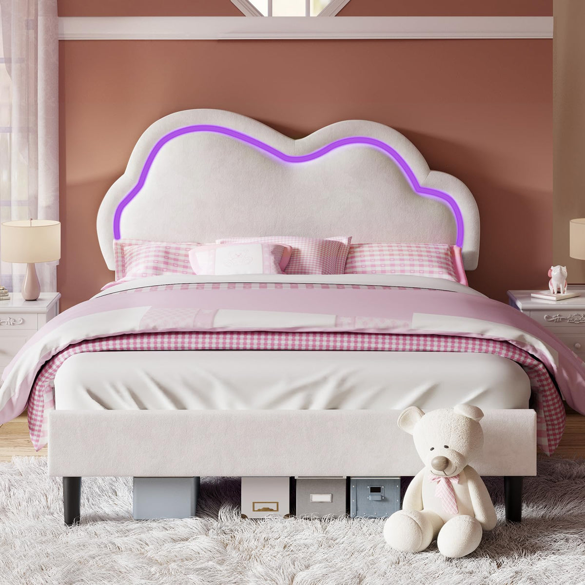 Jocisland Full Bed Frame for Girls with Adjustable Cloud Headboard, Velvet Upholstered & RGB Lights, 7.1" Underbed Storage, No Box Spring Needed, Cream