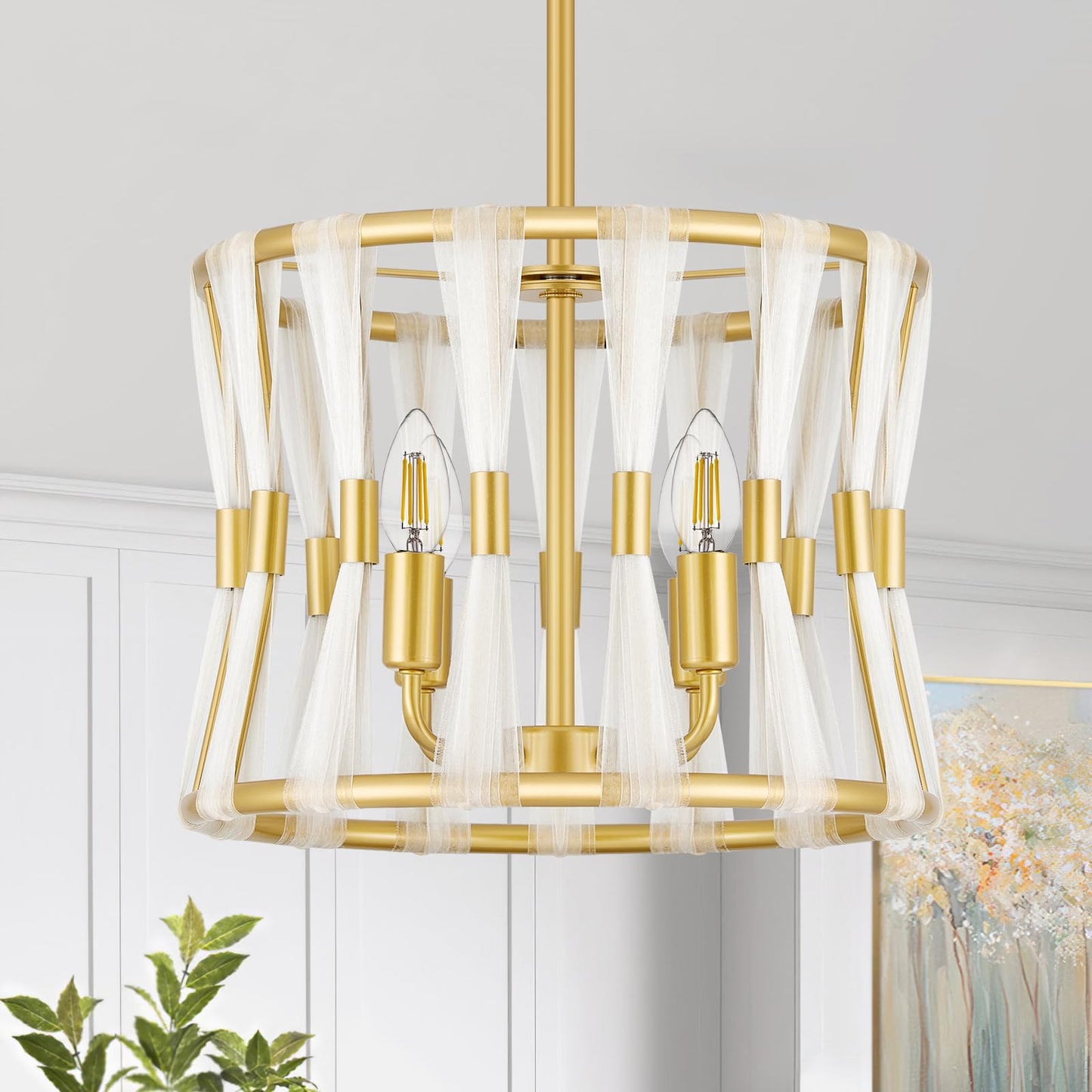 Karjearl Gold Chandeliers for Dining Room, 15" 4-Light Modern Drum Dining Room Light Fixtures Over Table, Farmhouse Gold Pendant Light for Dining Room Kitchen Island Living Room Entryway Foyer