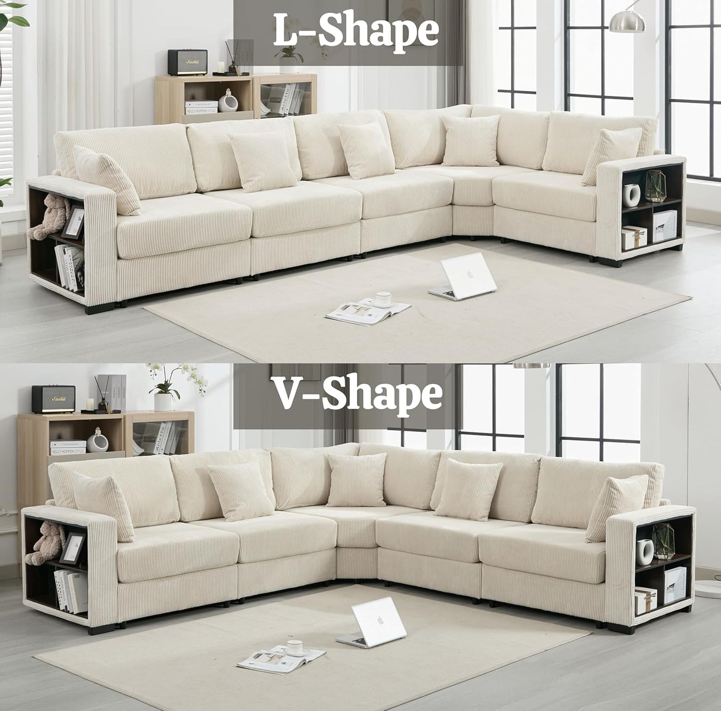 Makkki 148'' Oversized L-Shaped Corner Sofa Couches, Large Convertible Modular Sectional Sofa, Extra Deep Oversized 5 Seat Set with Chaise&Storage Cabinet for A Cozy Living Room, White
