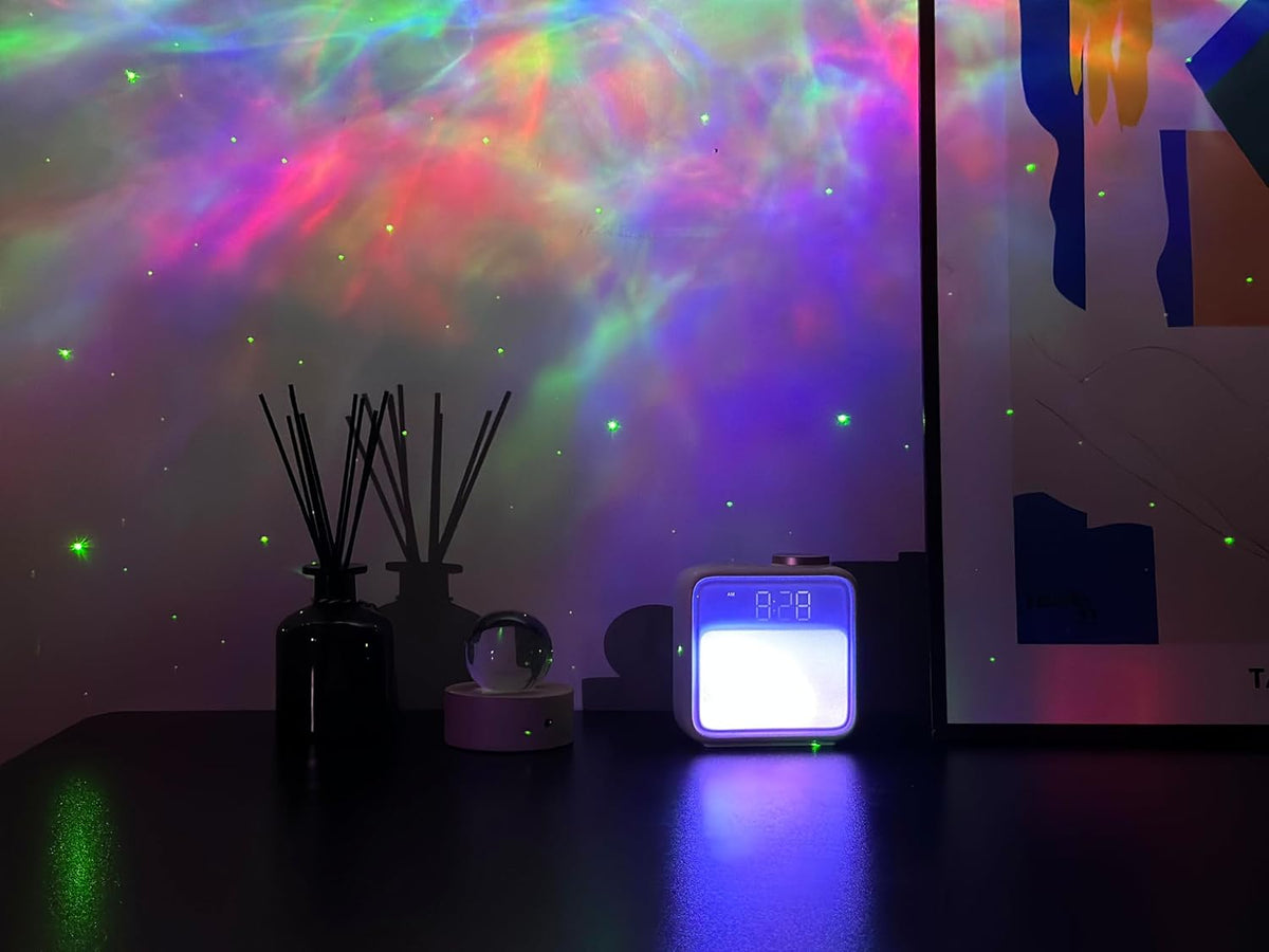 AIRIVO Alarm Clock Night Lights, Built-in Battery Alarm Clock for Bedrooms, 6 Scenes & White Noise Sync, Dual Alarms & Snooze, for Heavy Sleepers, Gifts for Kids Teens