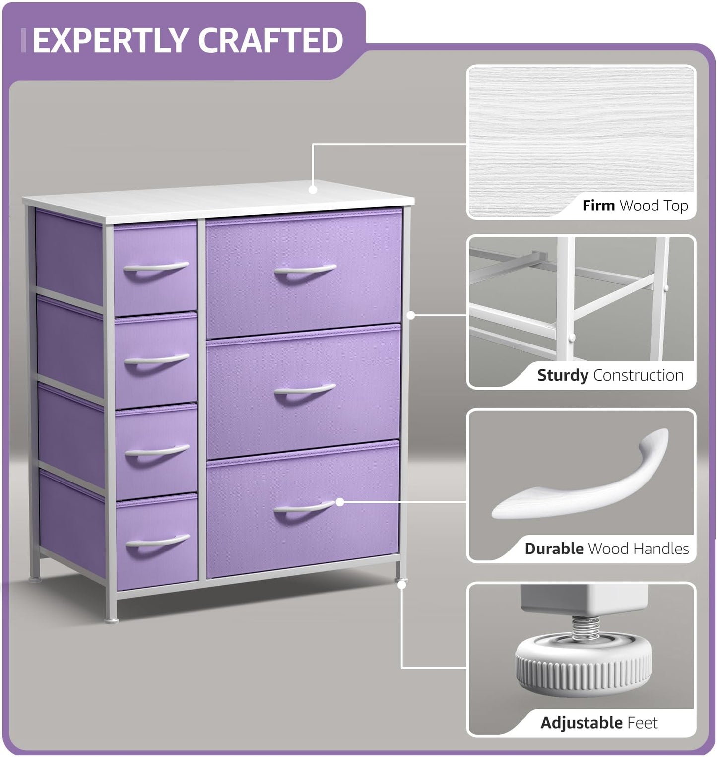 Sorbus Dresser with 7 Drawers - Furniture Storage Chest for Kid’s, Teens, Bedroom, Nursery, Playroom, Clothes, Toys - Steel Frame, Wood Top, Tie-dye Fabric Bins (7-Drawer, Pastel Purple)