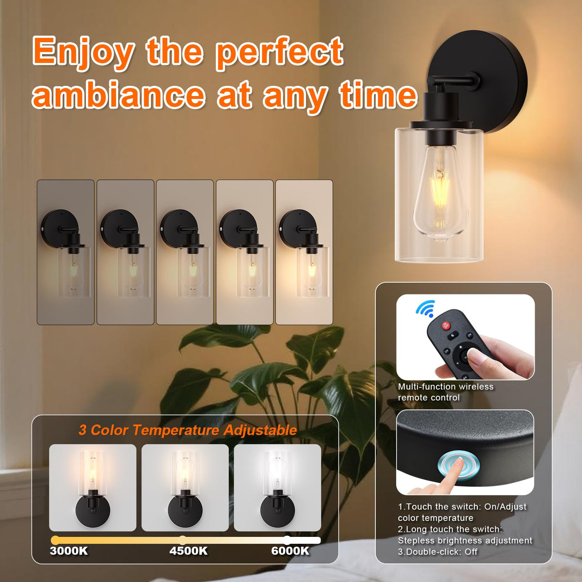 Battery Operated Wall Sconce Set of 2, Rechargeable Wall Sconce Lights with Remote, 3 Color Temperature Dimmable, E26 Edison Bulbs Magnetic Indoor Wireless Wall Lamp for Bedroom Bathroom Hallway-Black