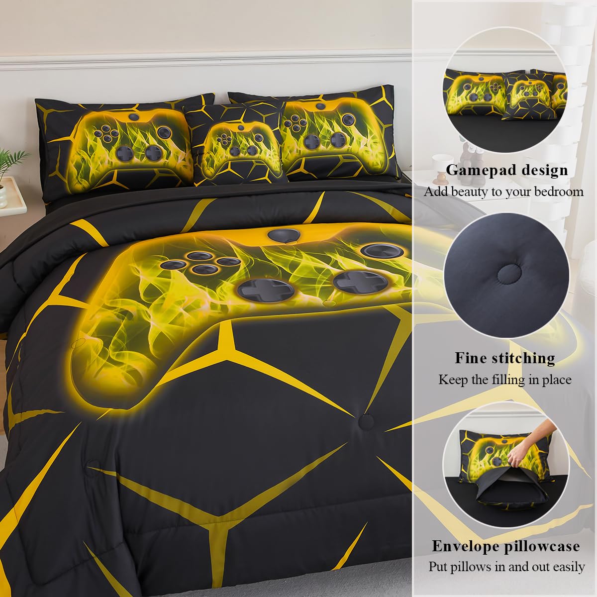 ZSYAYAHA Twin Comforter Set Black Boys Bed Set Geometric Gaming Bedding Set for Kids 6 Pieces Bed in A Bag Set Soft Yellow Game Action Buttons Bedding Set for All Season(Yellow, Twin)