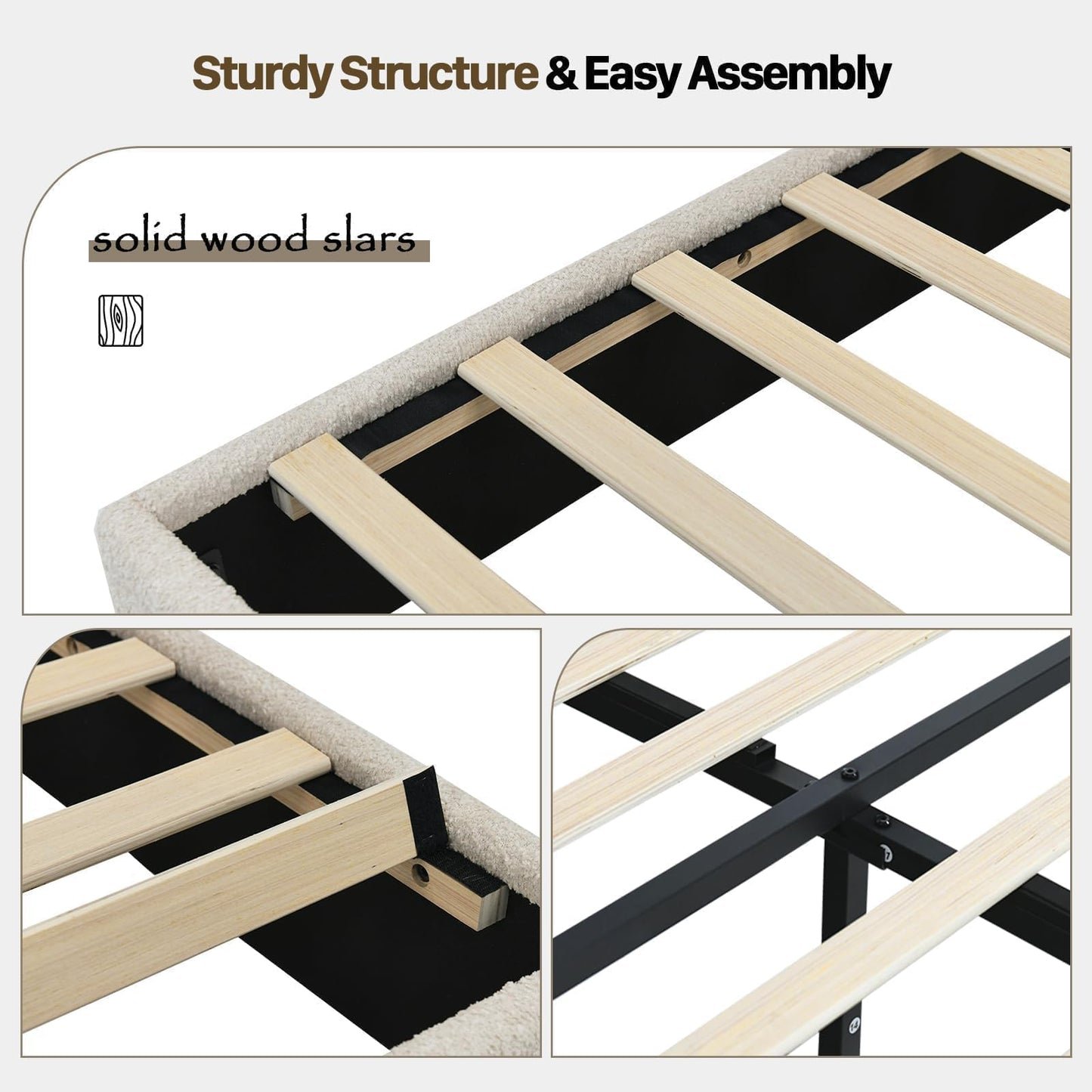 Full Size Bed Frame, Boucle Upholstered Platform Bed Frame with Soft Headboard, Sofa-Style Cushions, Wooden Slats Support, Low Profile Bed Frame, No Box Spring Needed, Easy Assembly, Cream