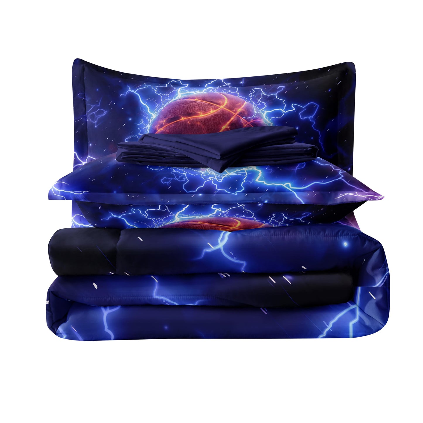 Helloosun 5PCS Basketball Comforter Set Twin,Sports Bedding Sets for Boys,Twin Comforter Sets for Boys,Blue Lightning Basketball Bedding Set with Sheets