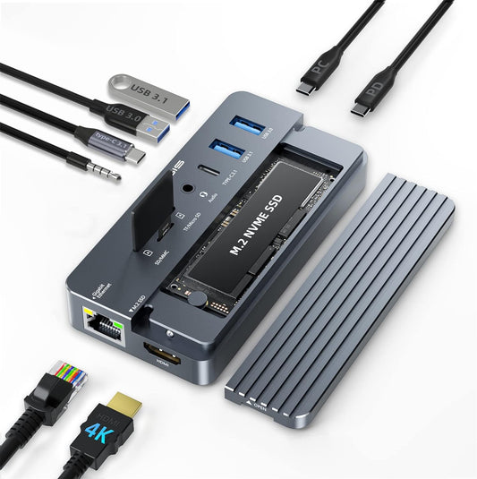 USB C Laptop Docking Station HDMI 4K60Hz with Nvme Enclosure, ACASIS 10-in-1 USB C Hub Multiport Adapter with HDMI, PD, Ethernet, SD/TF, 10G USB C/A Ports, Audio, Works for Mac/Dell/HP/Surface