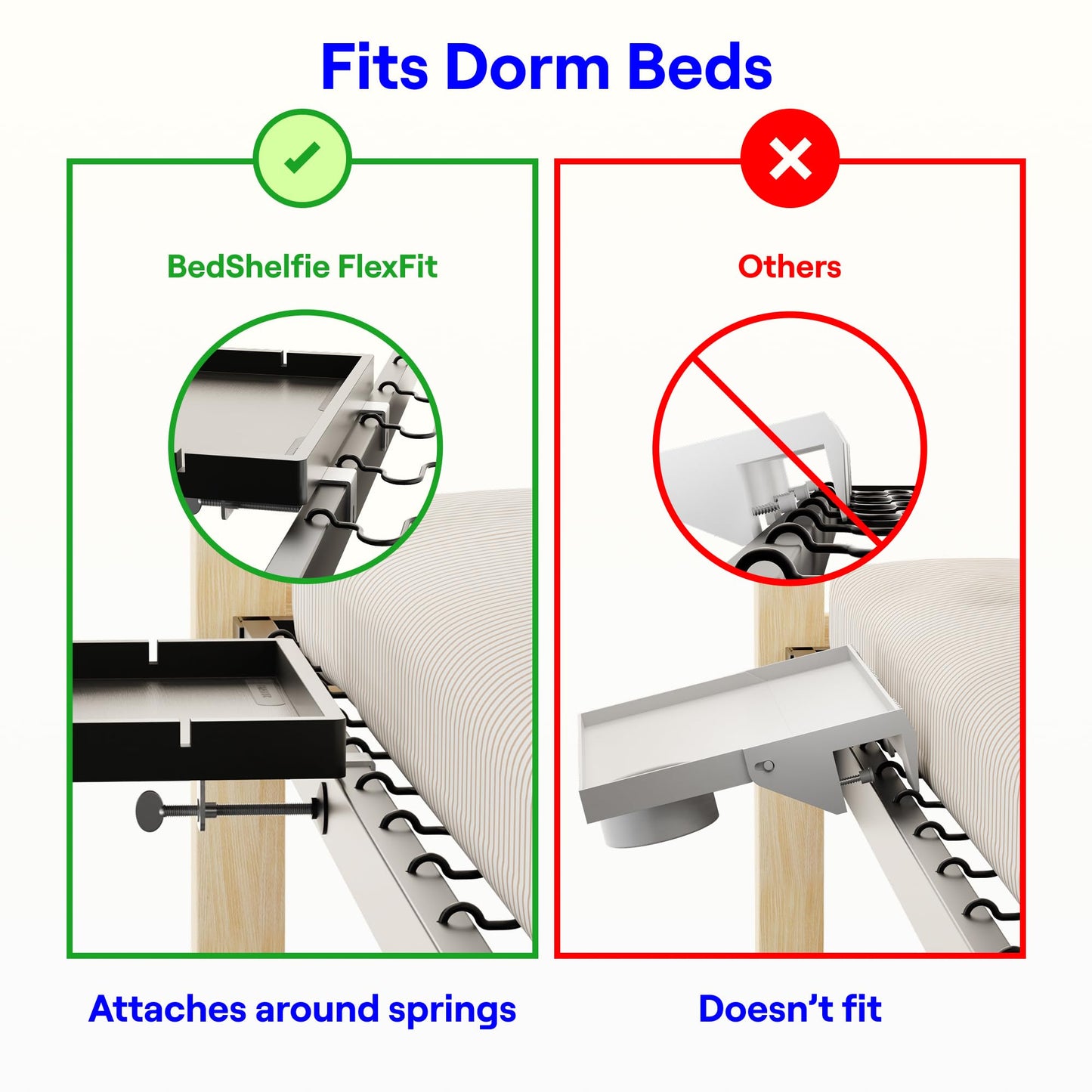 Smallish BedShelfie Bedside Shelf for Bunk Bed & Top Bunk, College Dorm Room Essentials, Loft Nightstand, Floating Bed Side Table Tray Storage, Dorm Room Decor (Flexfit Model, Black)