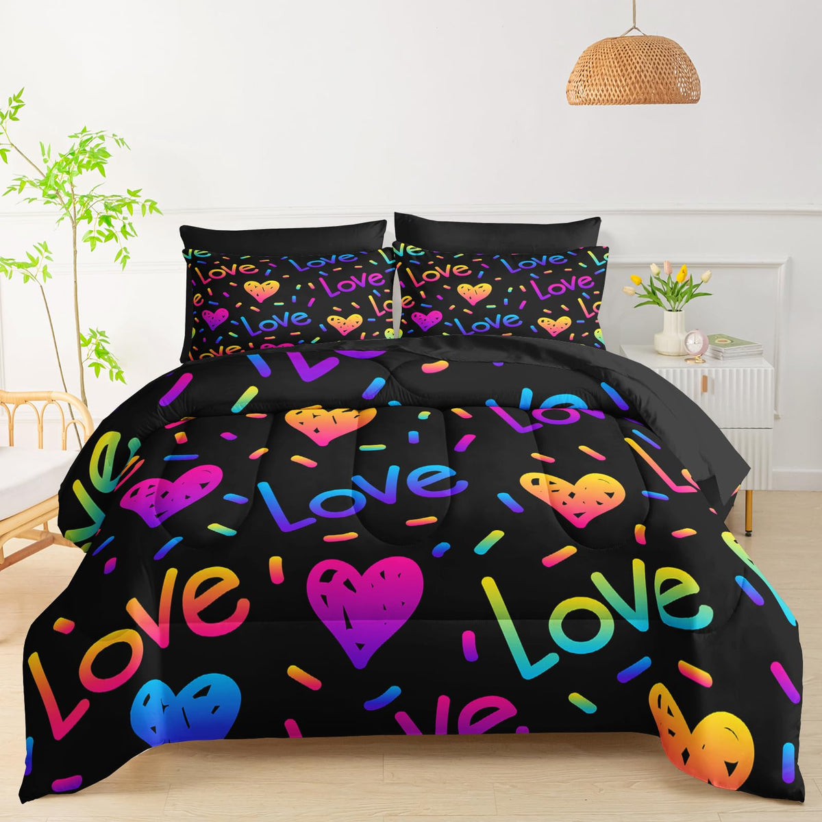 QOOMO Kid Twin Comforter Set 7 Piece Colorful Love line Bedding Set for Boys Girls Super Soft Microfiber Bed in a Bag with Comforter Sheets Pillowcase Sham（Black）