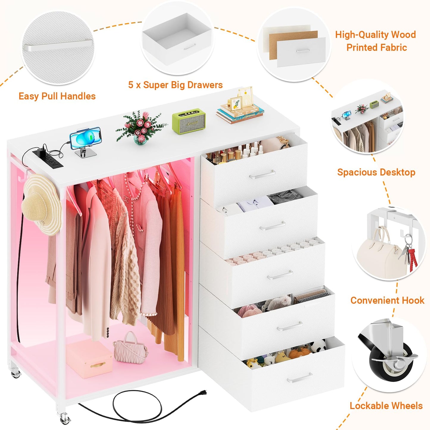 Cyclysio 5 Drawers Dresser with Charging Station & LED Lights, Chest of Drawers with Lockable Wheels, Storage Shelves, Bedroom, Closet, Entryway