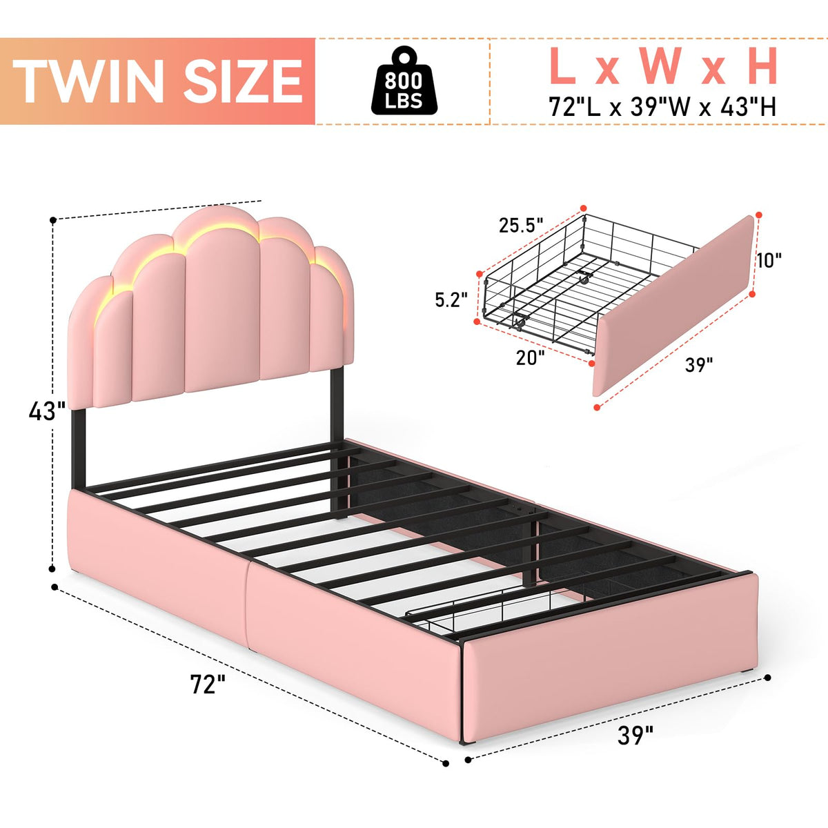 SADENICEL Twin Upholstered LED Bed Frame with Storage Drawer, Chic Double Wavy Headboard, Velvet Princess Platform Bed, Solid Wood Slats Support,No Box Spring Needed, Pink