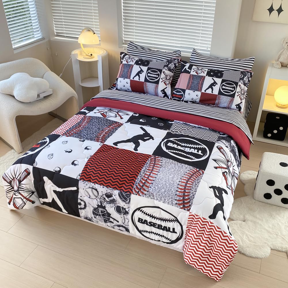 Gusuhome 7 Piece Baseball Comforter Set Bed in A Bag Twin Size 3D Softball Sports Bedding Set for Boys Kids Microfiber Comforter All Season (1 Comforter, 1 Flat Sheet, 1 Fitted Sheet, 4 Pillowcase)