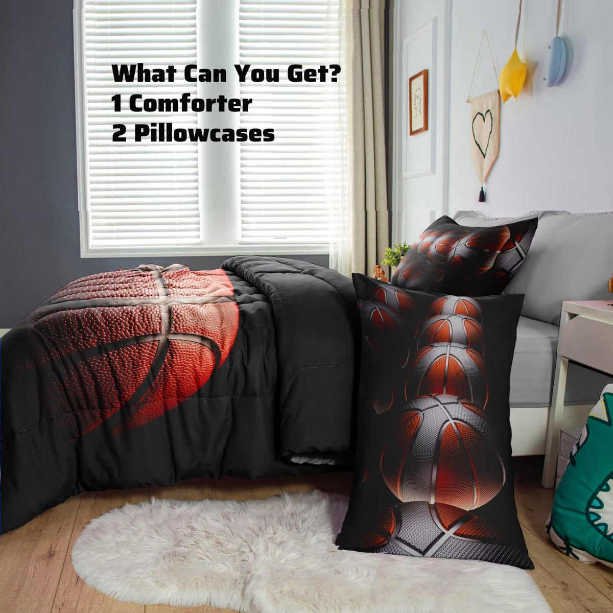 GRAT TIOC Teens Boys Sports Comforter Set Twin,Basketball Bedding Set for Kids,Sports Orange Basketball Comforter Sets,Black Teenage Boy Bedroom Bed Set 3 Pieces with Pillowcases