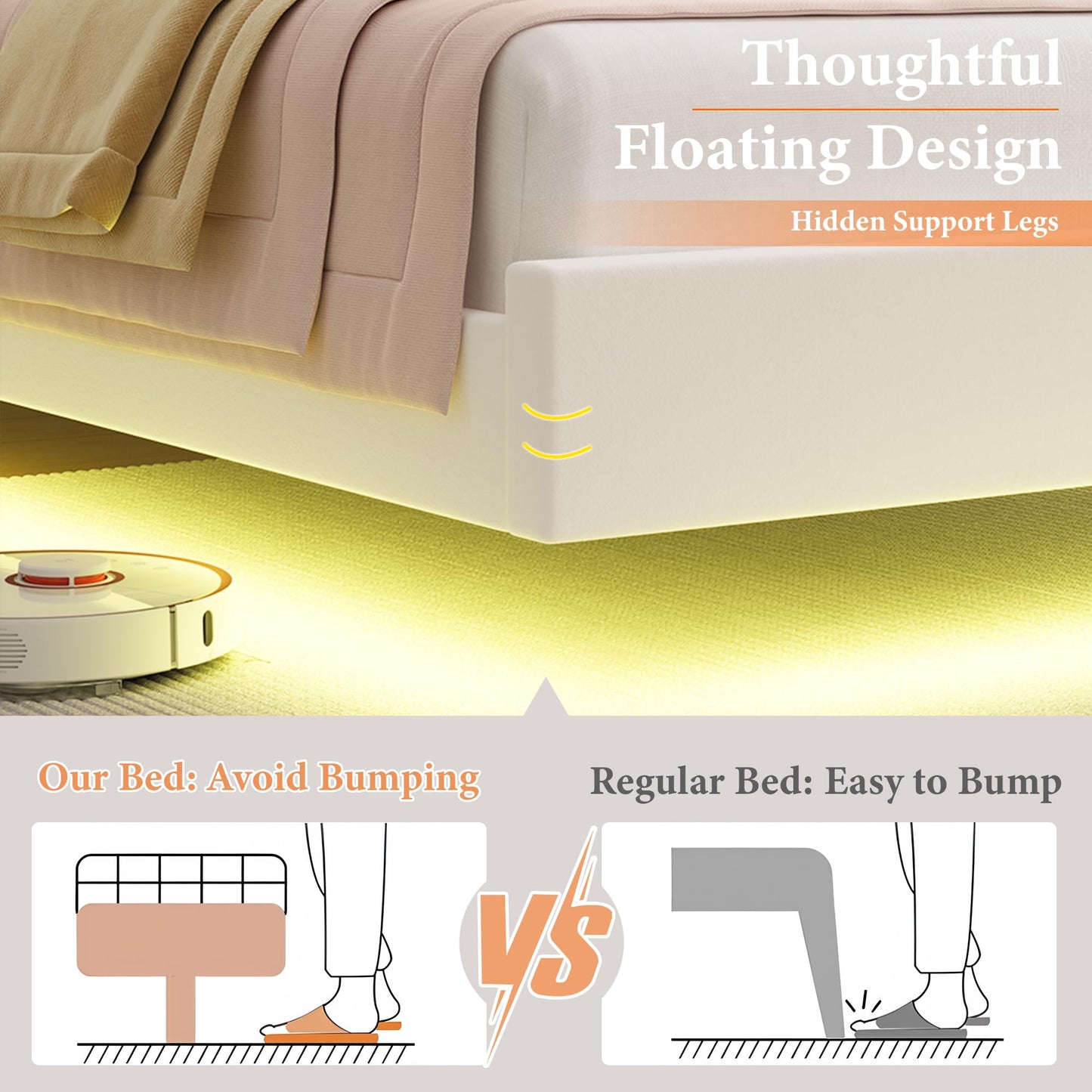 HIFIT Upholstered Full Size LED Bed Frame with Charging Station and Adjustable Crystal Button-Tufted Puffs Headboard, Velvet Princess Floating Platform Bed Frames for Girls, No Box Spring Needed,Beige