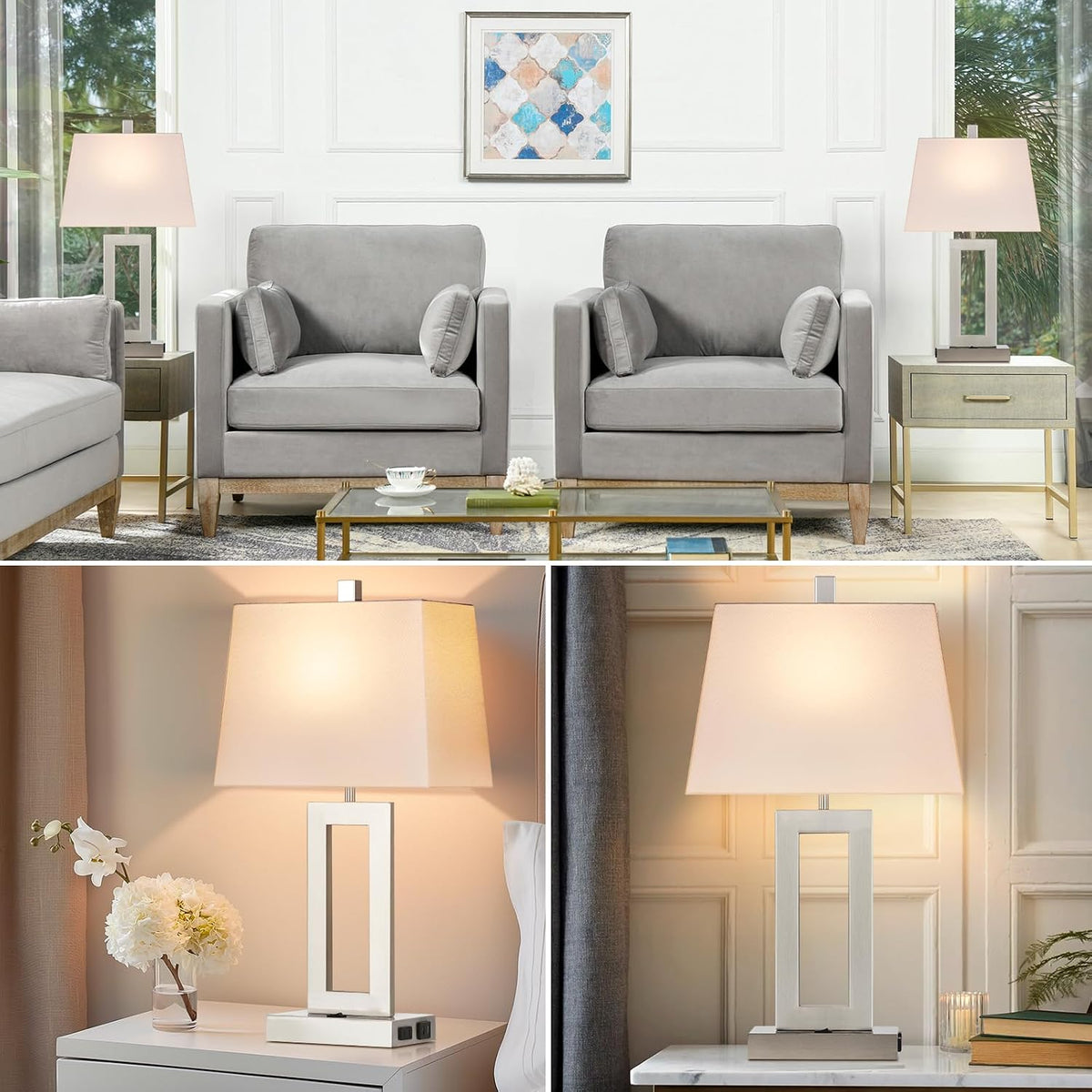 Cinkeda Silver Bedside Table Lamp Set of 2,Nightstand Lamps with USB Ports