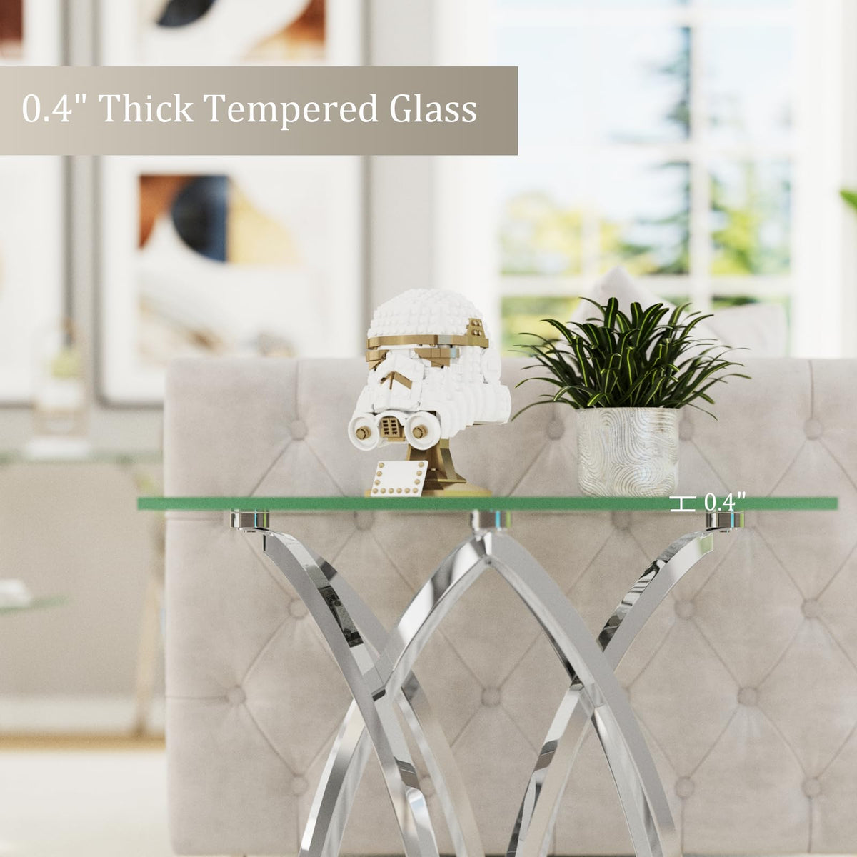 AUZ Glass End Table, 24" Square Side Table with Silver Crown Base for Home, Office