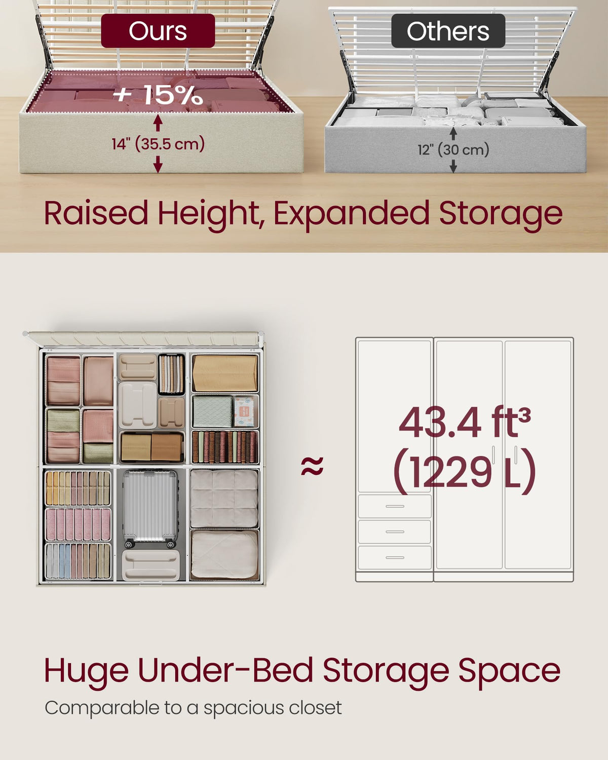 VASAGLE Lift Up Storage Bed Frame King Size, Hydraulic Platform Bed, with Upholstered Headboard, 1100 lb Weight Capacity, No Box Spring Needed, Easy Assembly, Modern, Cappuccino Beige URMB604W01V1