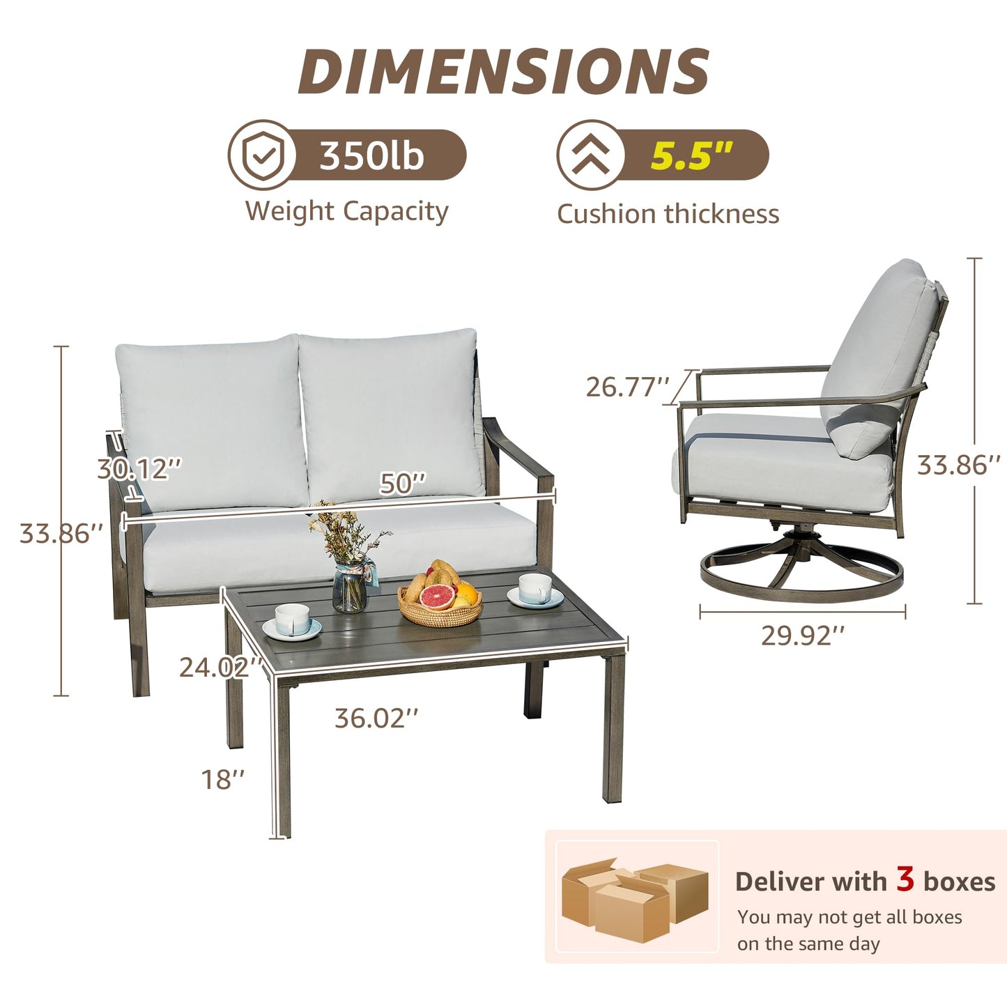 NATURAL EXPRESSIONS 4 Pieces Patio Furniture Sets, Modern Metal Outdoor Conversation Sets with High Back All Weather Hand-Woven Rope Rocking Swivel Chairs, Loveseat, Metal Table, 5.5" Thick Cushions