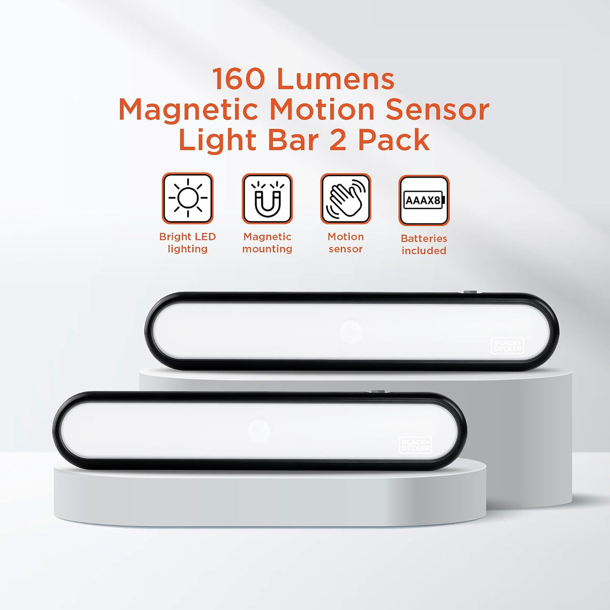 BLACK+DECKER 2-Pack LED Light Bars, 160LM Touchless Motion Sensor Lights, Magnetic Mount LED Strip Lights, Battery Powered Slim Portable Lights for Closet, Garage, Shelf, Indoor