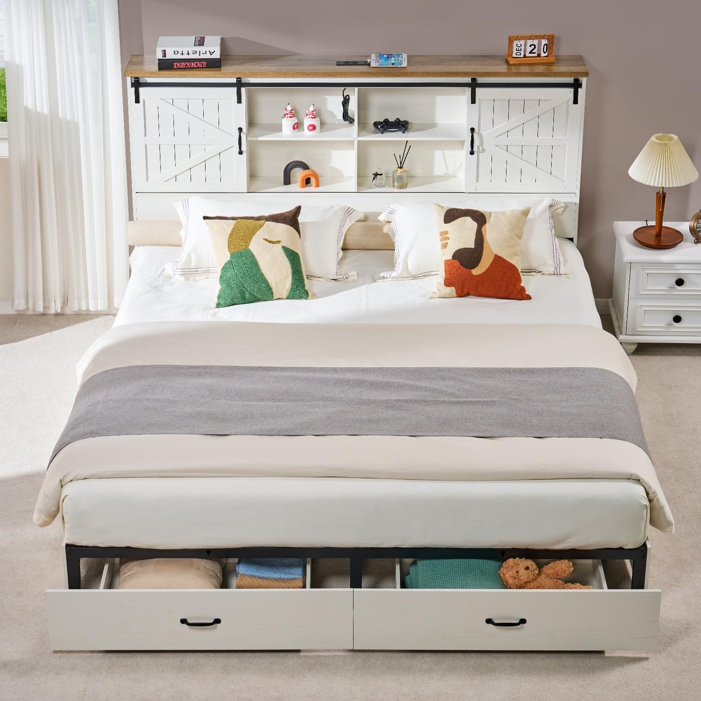 VanAcc Farmhouse King Bed Frame, Wooden Platform Storage Bed with 51.2" Bookcase Headboard, 2 Drawers, Charging Station/No Box Spring Needed/Noise Free, White