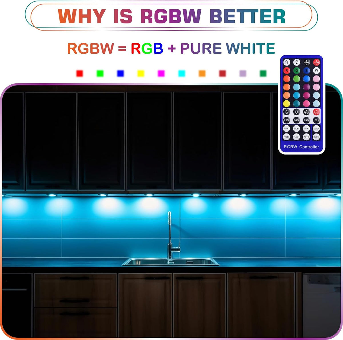 RGBWW Under Cabinet LED Puck Lights Kit Dimmable, 120VAC Plug-in, 8 Lights