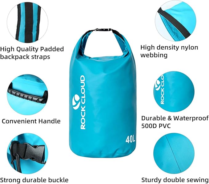ROCK CLOUD Dry Bag Waterproof 40L Dry Sack for Kayaking Rafting Boating Beach Surfing Swimming Canoe Camping Hiking Fishing Ski, Orange
