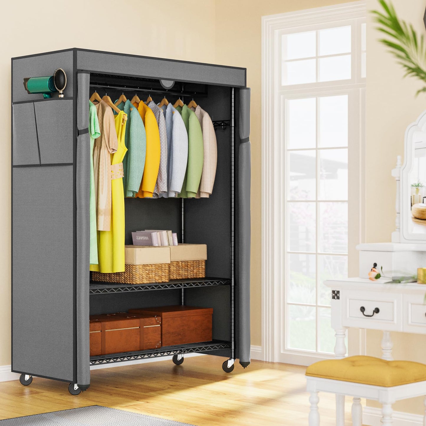 LEHOM G1C Heavy Duty Clothes Rack with Cover, Rolling Garment Rack for Hanging Clothes, Portable Closets with Oxford Fabric Cover, Freestanding Clothing Rack on Wheels, Storage Wardrobe for Bedroom