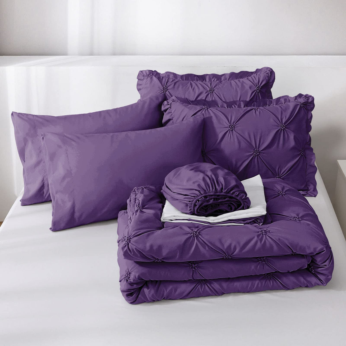 JOLLYVOGUE Purple Twin Size Comforter Sets 5 Pieces, Pintuck Bed in a Bag Comforter Set for Bedroom, Bedding Comforter Sets with Comforter, Sheets,Ruffled Shams & Pillowcases