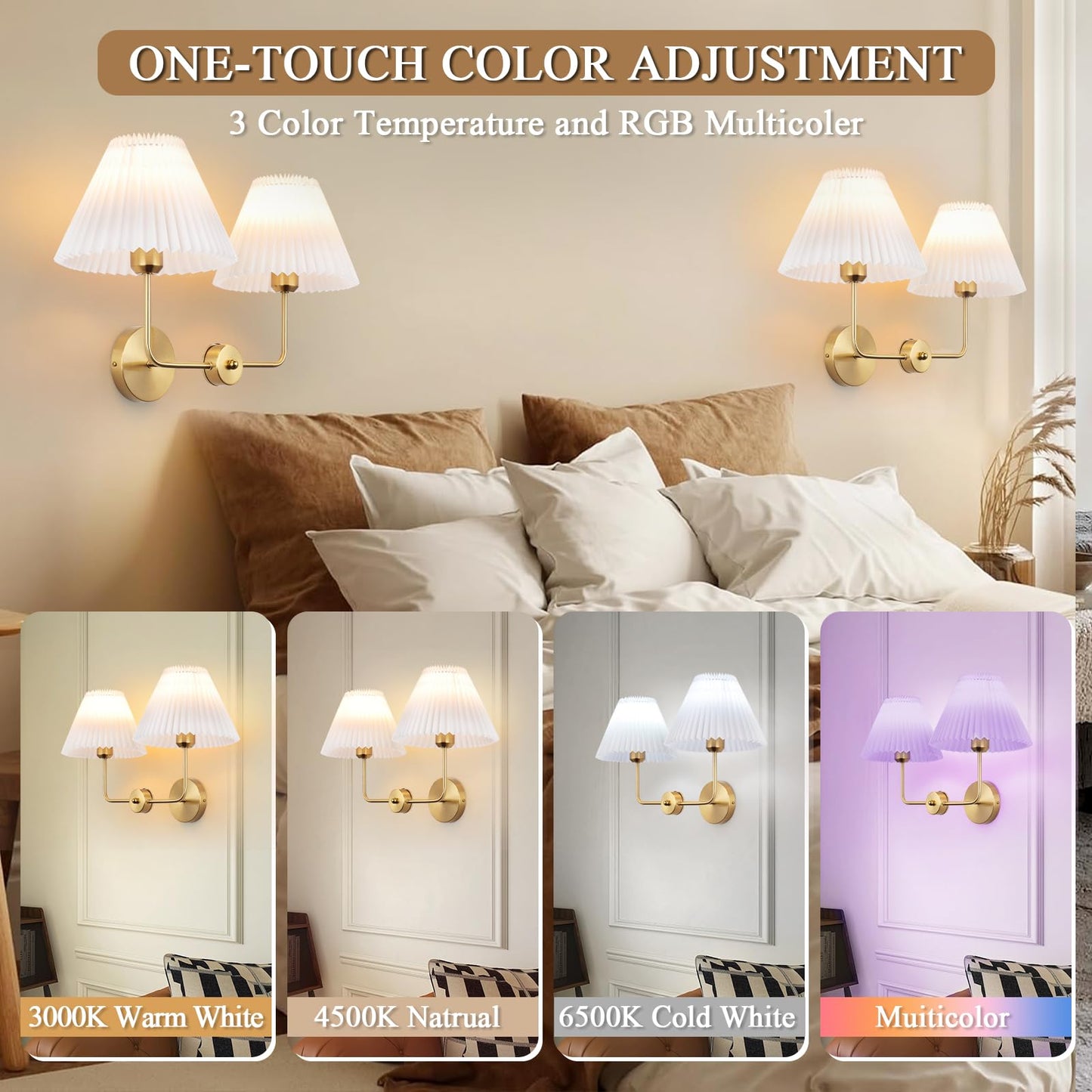 Rnzziw Double Light Battery Operated Wireless Wall Sconces with White Pleated Fabric lampshade, 2-Light Antique Brass Sconce for Bathroom Vanity Hallway Stairway Living Room (Gold)