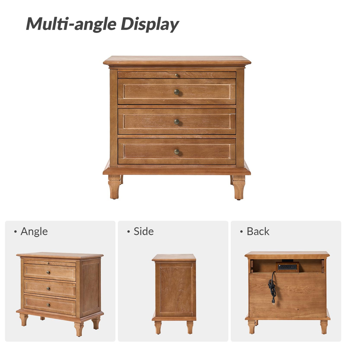 HULALA HOME Farmhouse 3 Drawer Nightstand with Tray, Drawer Organizer with Solid Wood Legs, Nightstand with Charging Station,Acorn