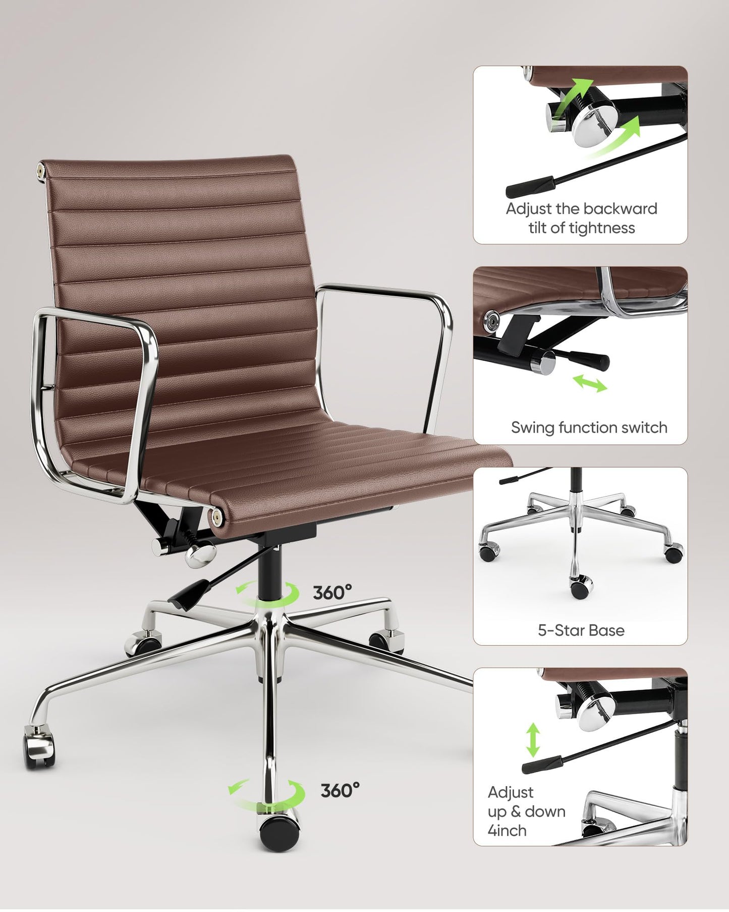 OTDMEL Ribbed Office Chair with Genuine Leather Contact Surfaces - Mid Back Ergonomic Desk Chair with Aluminum Arm Rest and 5-Star Base, Faux Leather Accents & Back Side, Swivel Chair Brown