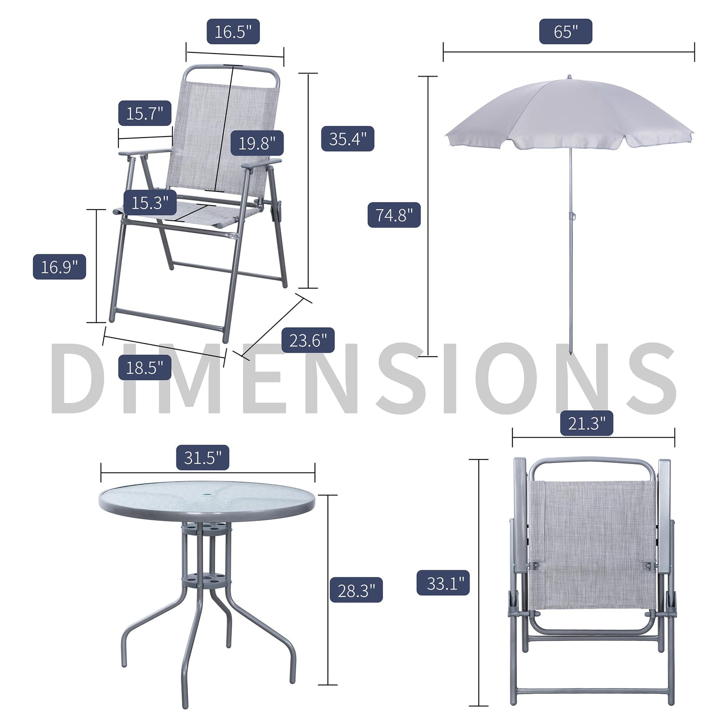 Shintenchi 6 Piece Patio Dining Set with Umbrella, Outdoor Furniture Set with 4 Folding Chairs and Tempered Glass Top Dining Table fot Lawn Backyard Garden Porch Silver