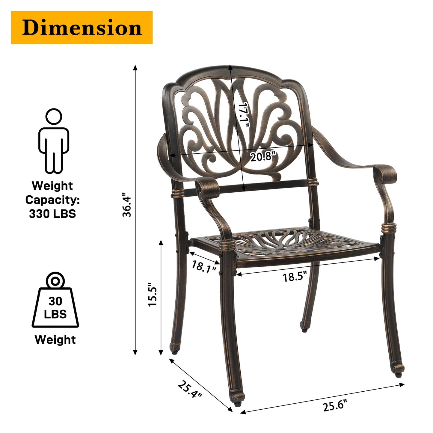 VINGLI Outdoor Dining Chairs Set of 2 Aluminum Patio Chairs, Cast Aluminum Patio Furniture Aluminum Outdoor Chairs for Backyard, Poolside, Balcony Bronze (2, Elizabeth Back Without Cushion)