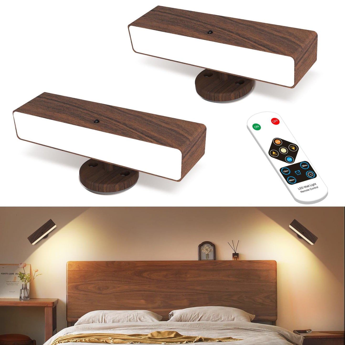 Battery Operated Wall Sconces Set of 2: Wireless Rechargeable Wall Light with Remote&Button, 360° Rotate Magnetic Scone Lighting LED Wall Mount Sconce Lamp for Bedroom Bedside Reading, Wood
